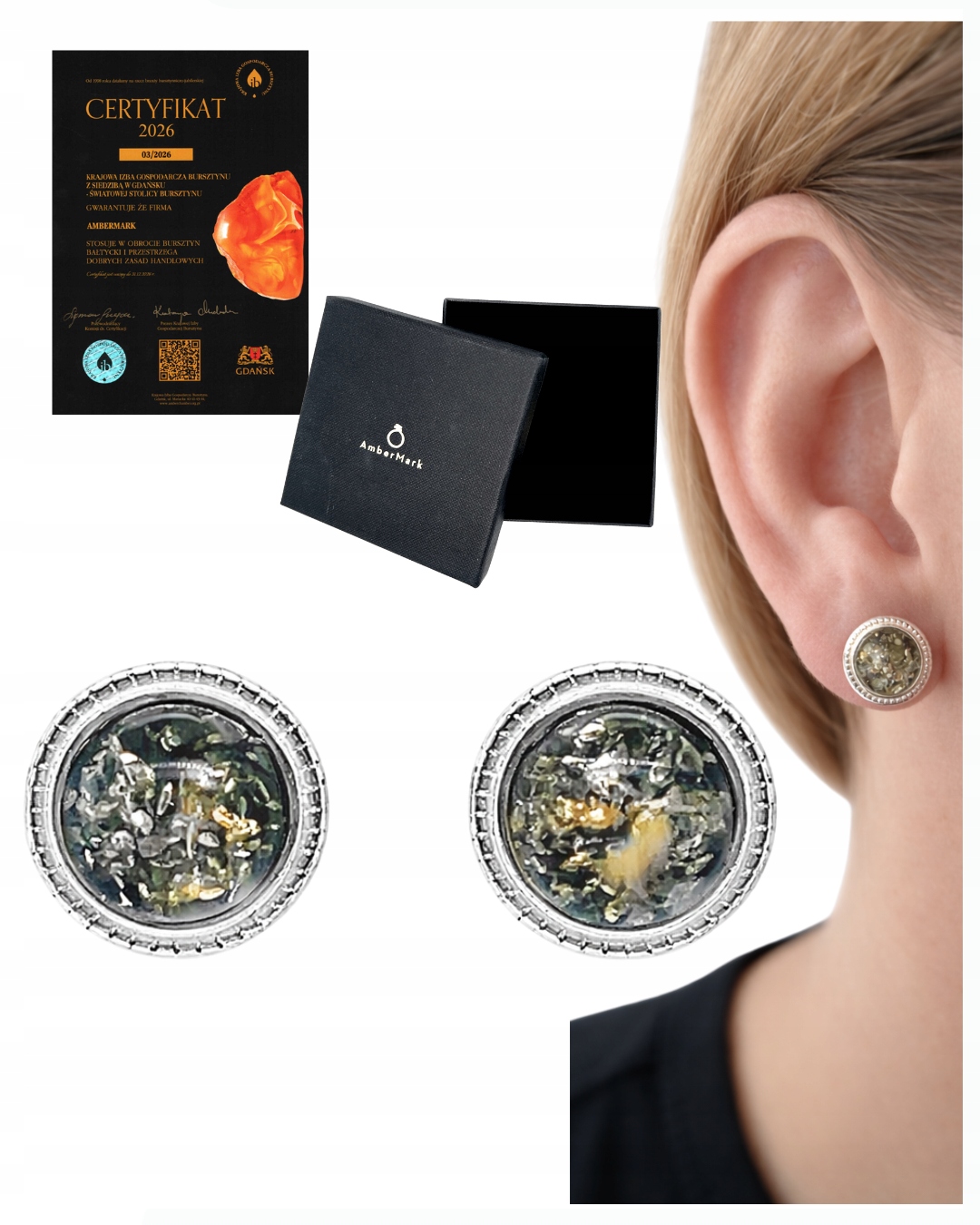 Stříbrné náušnice s antialergickými šroubky a zeleným jantarem, očko 925