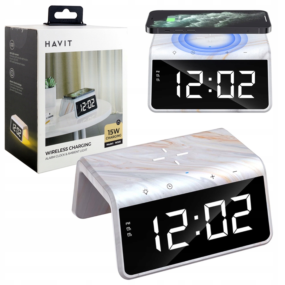 Havit Bezdrátová indukční nabíječka 15 W budík a lampička na telefon