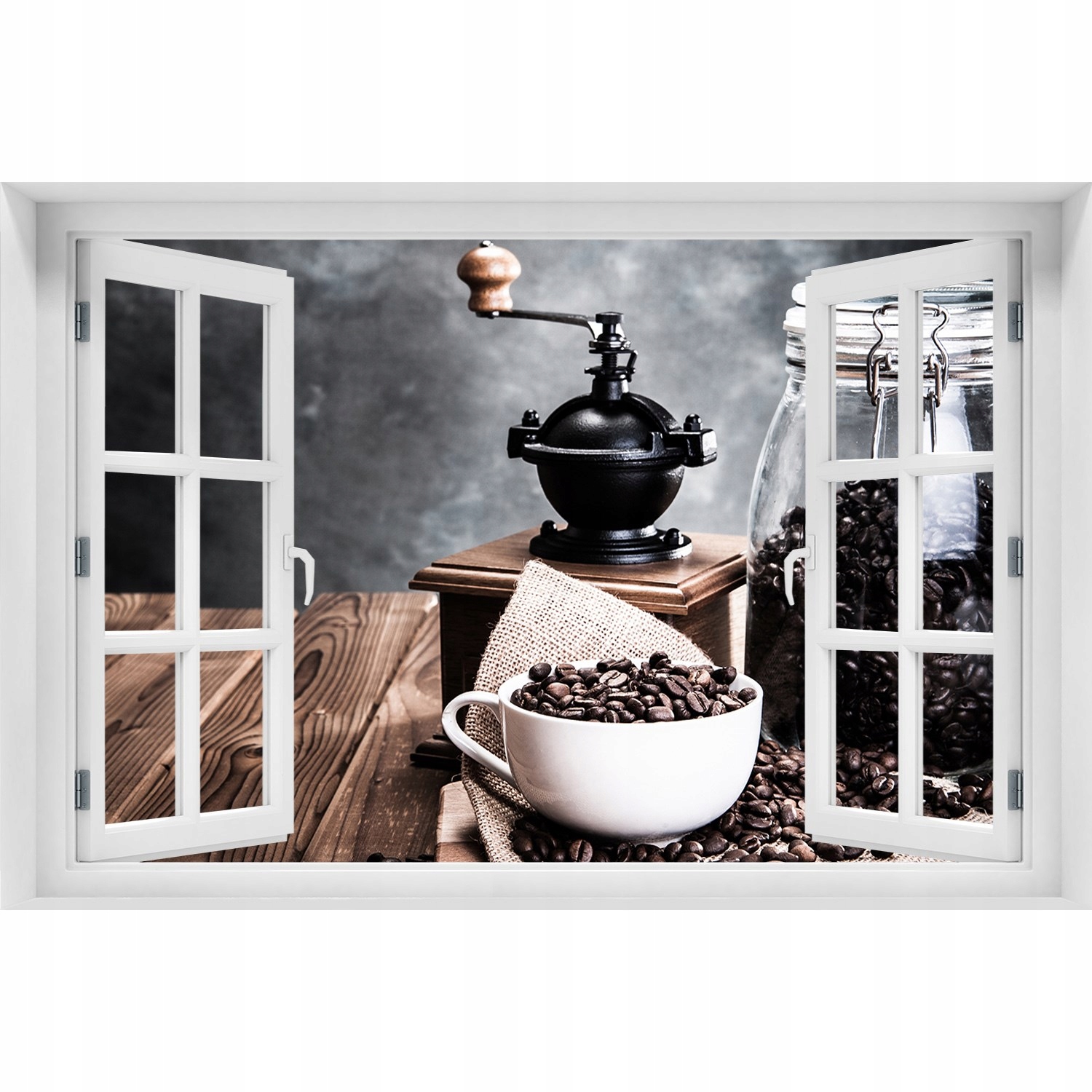 

3D Okno Naklejka na ścianę Młynek do kawy 90x60