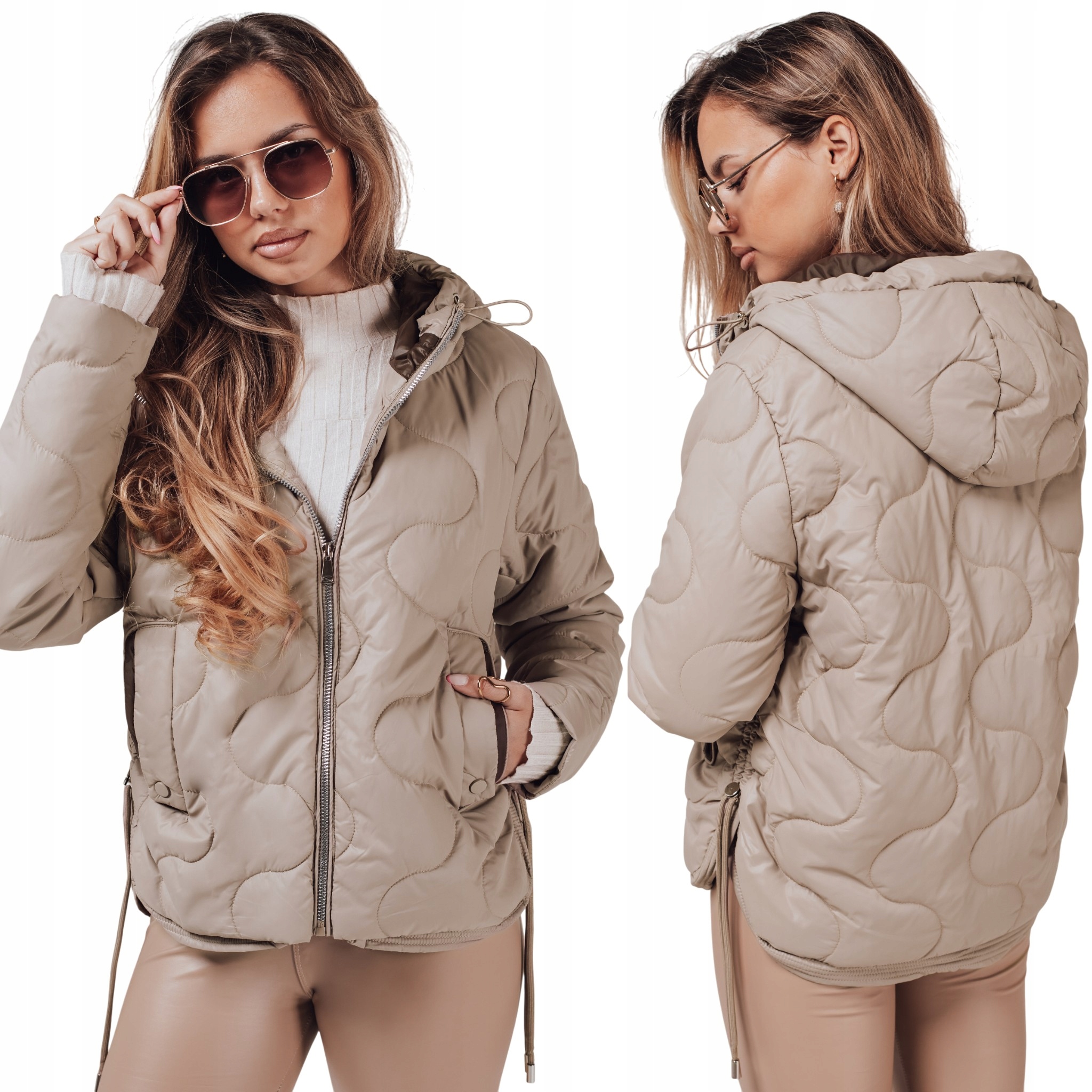 Pikowana kurtka damska z kapturem wiosenna beżowa TY4238 XL