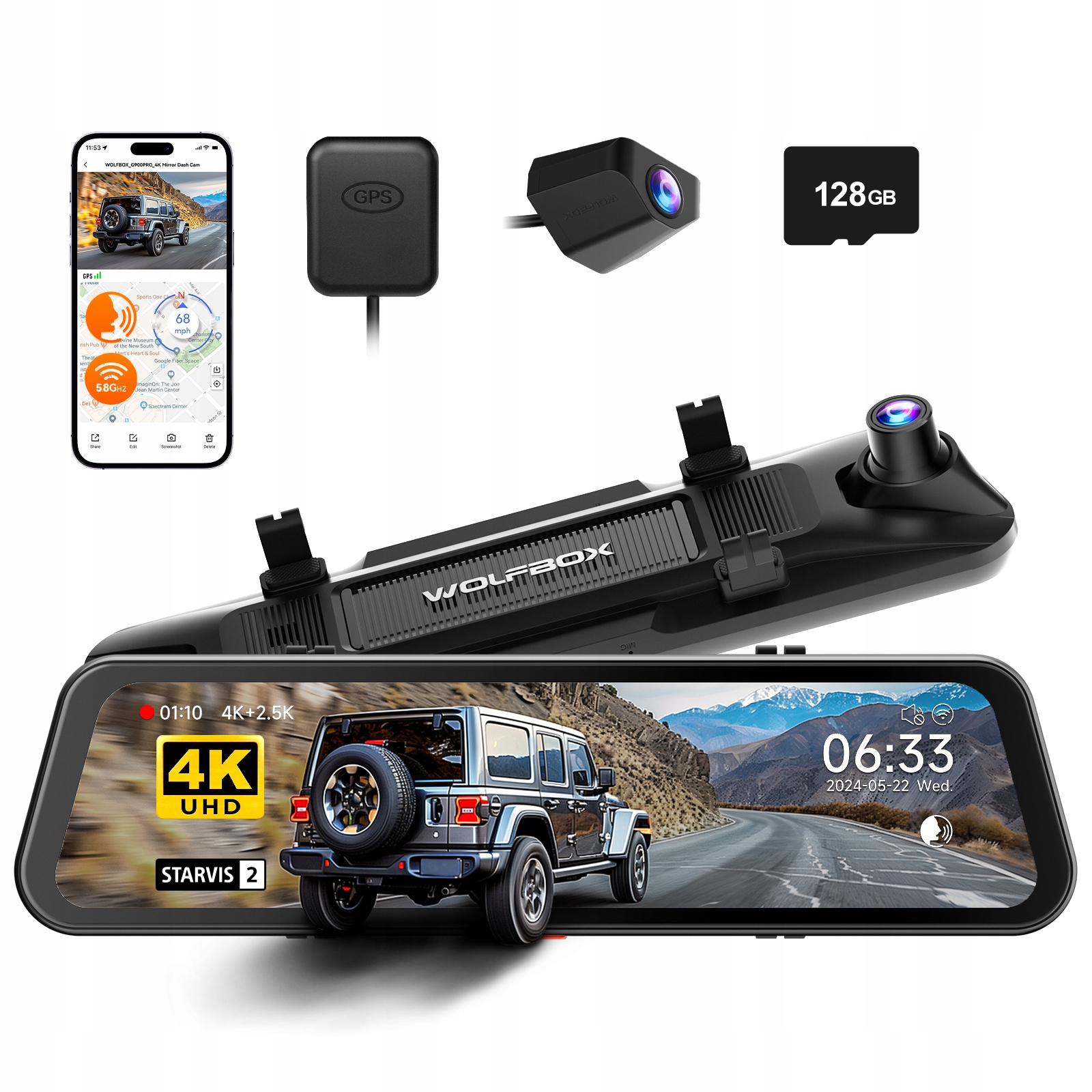 4K Autokamera do auta Wolfbox G900 Pro 4K+2.5K Zrkadlo STARVIS2 128GB WiFi Gps