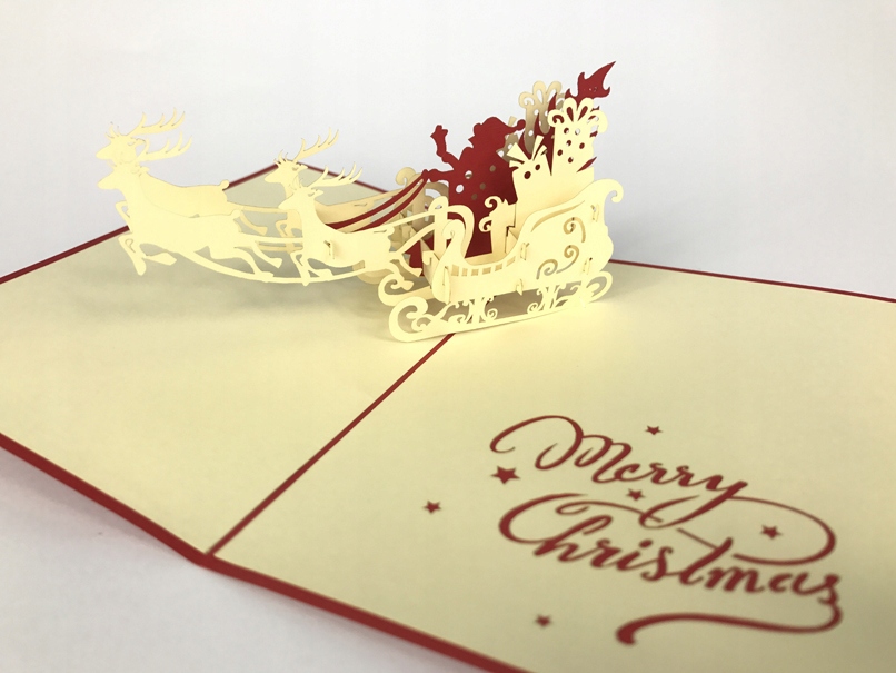Renifery ze Świętym Mikołajem Kartka 3D Święta Bożonarodzenie Mikołaj PopUp
