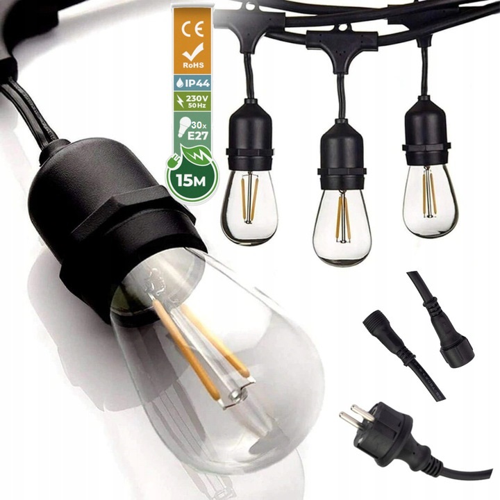 Girlanda Zewnętrzna Do Ogrodu 15M I 30 Żarówek Led Filament 1W