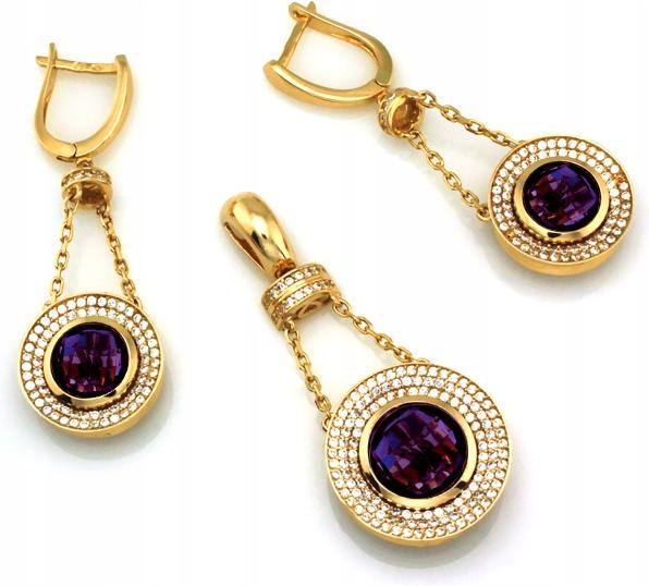 Zlatý komplet 585, exkluzivní fialové kameny jako dárek, elegantní 14k