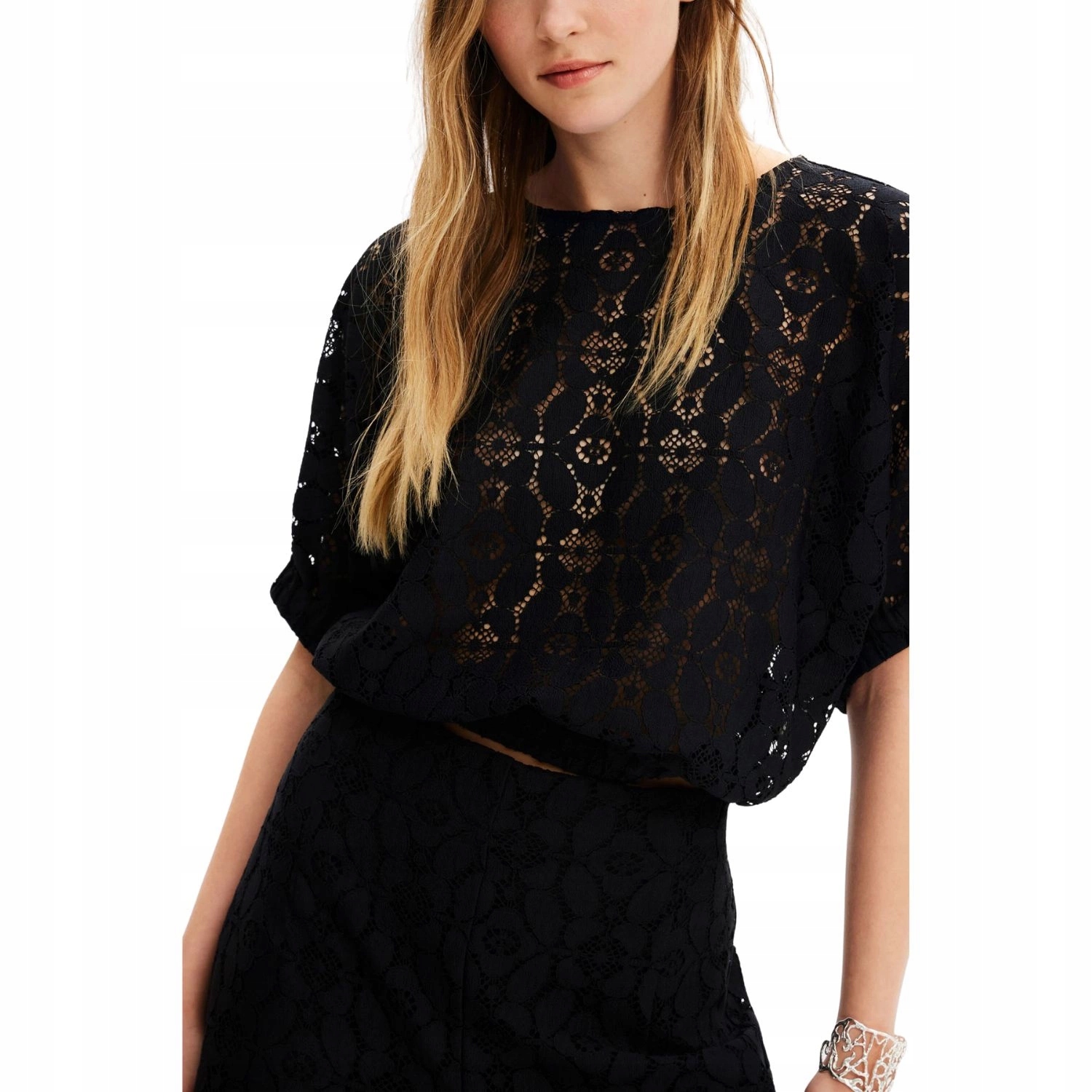 Dámská halenka Desigual krátká, elegantní černá ažurová vel. S