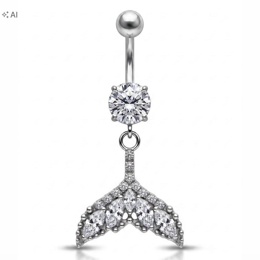 Titanová stříbrná piercing do pupíku bílá Zirkony Mořská Panna 1,6/10 mm Astm F136