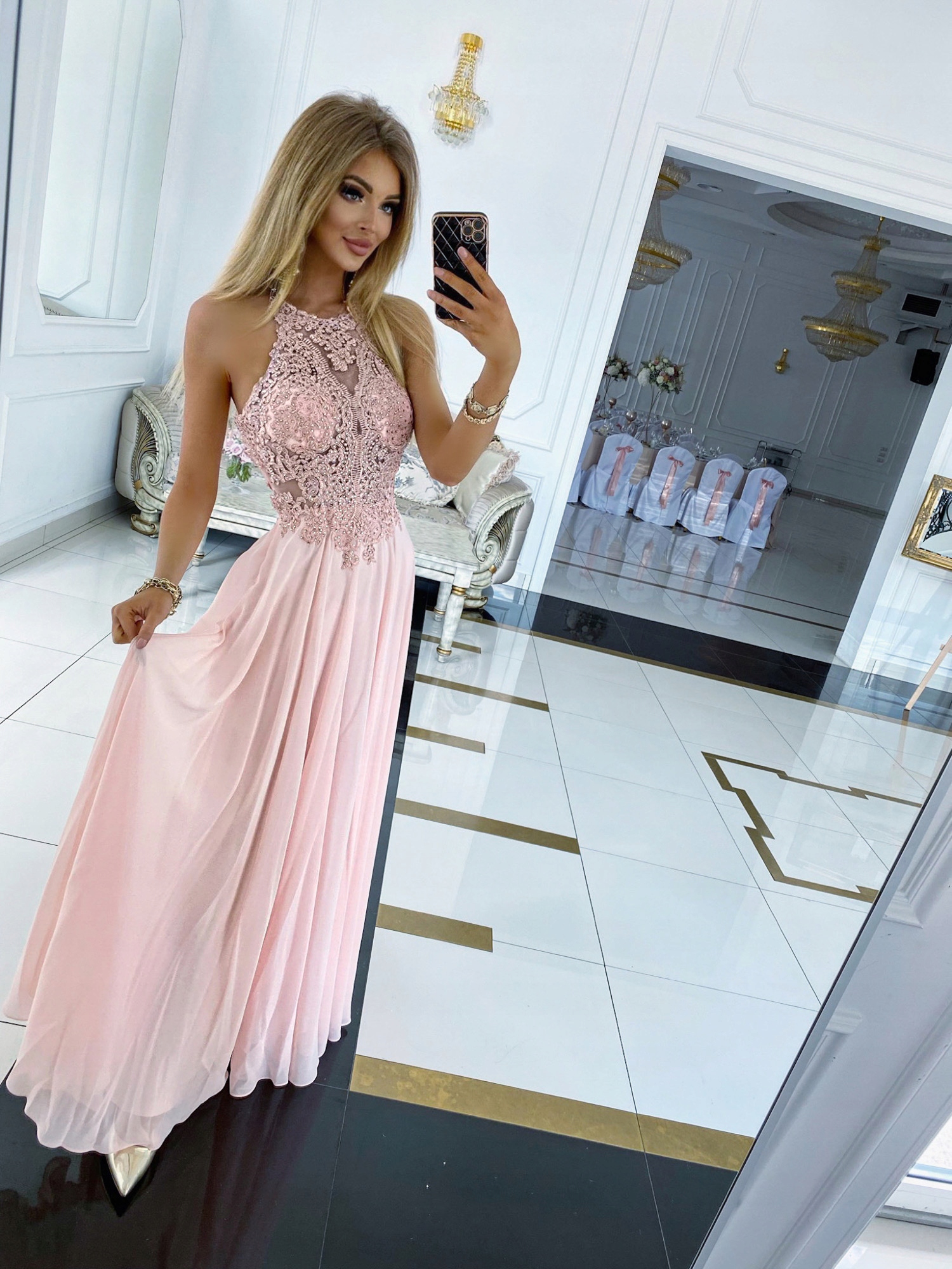 PUDROWA DŁUGA SUKIENKA z z cyrkoniami ślub M Marka inna