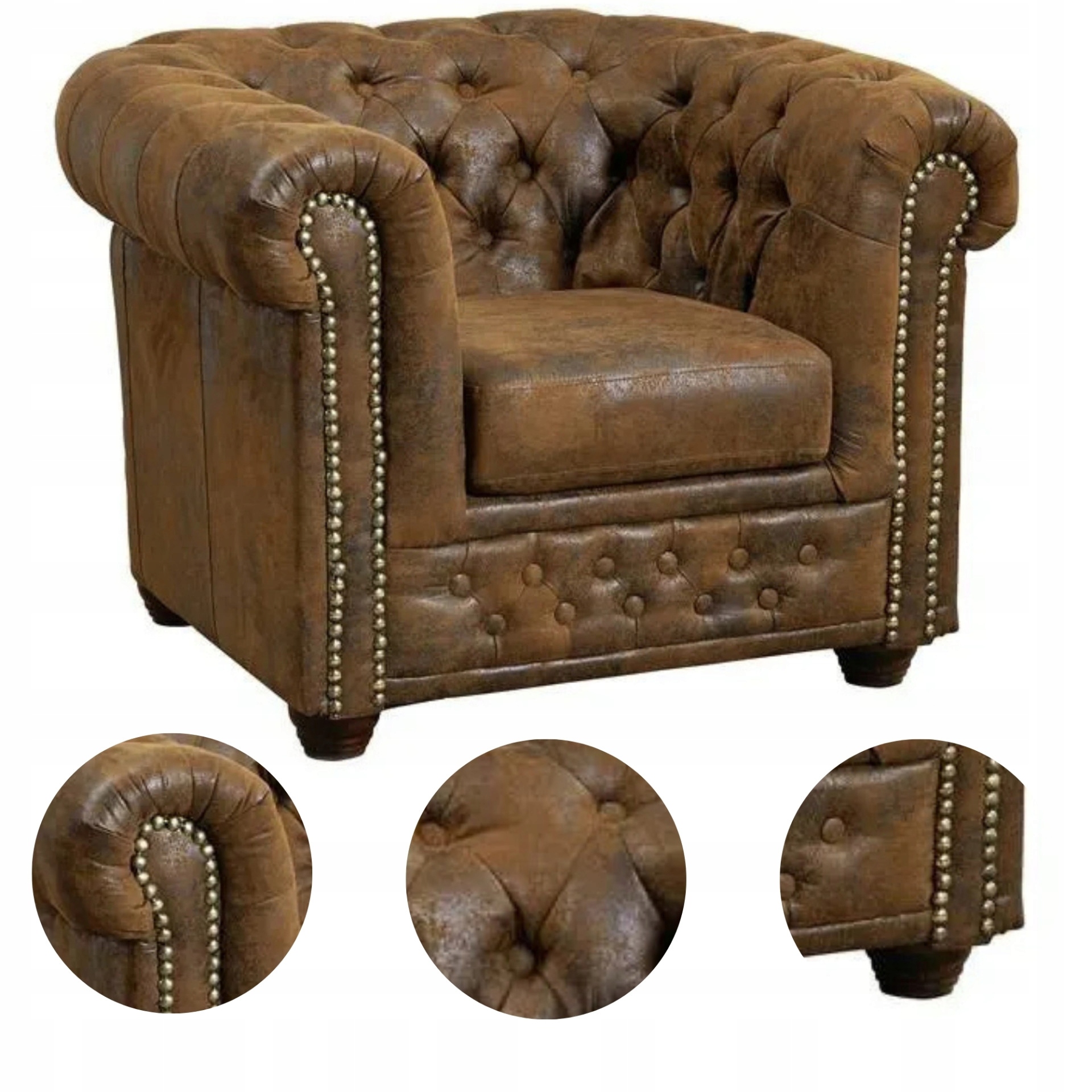 FOTEL Krzesło Rustykalne Loft Drewno Naturalne Pikowany CHESTERFIELD