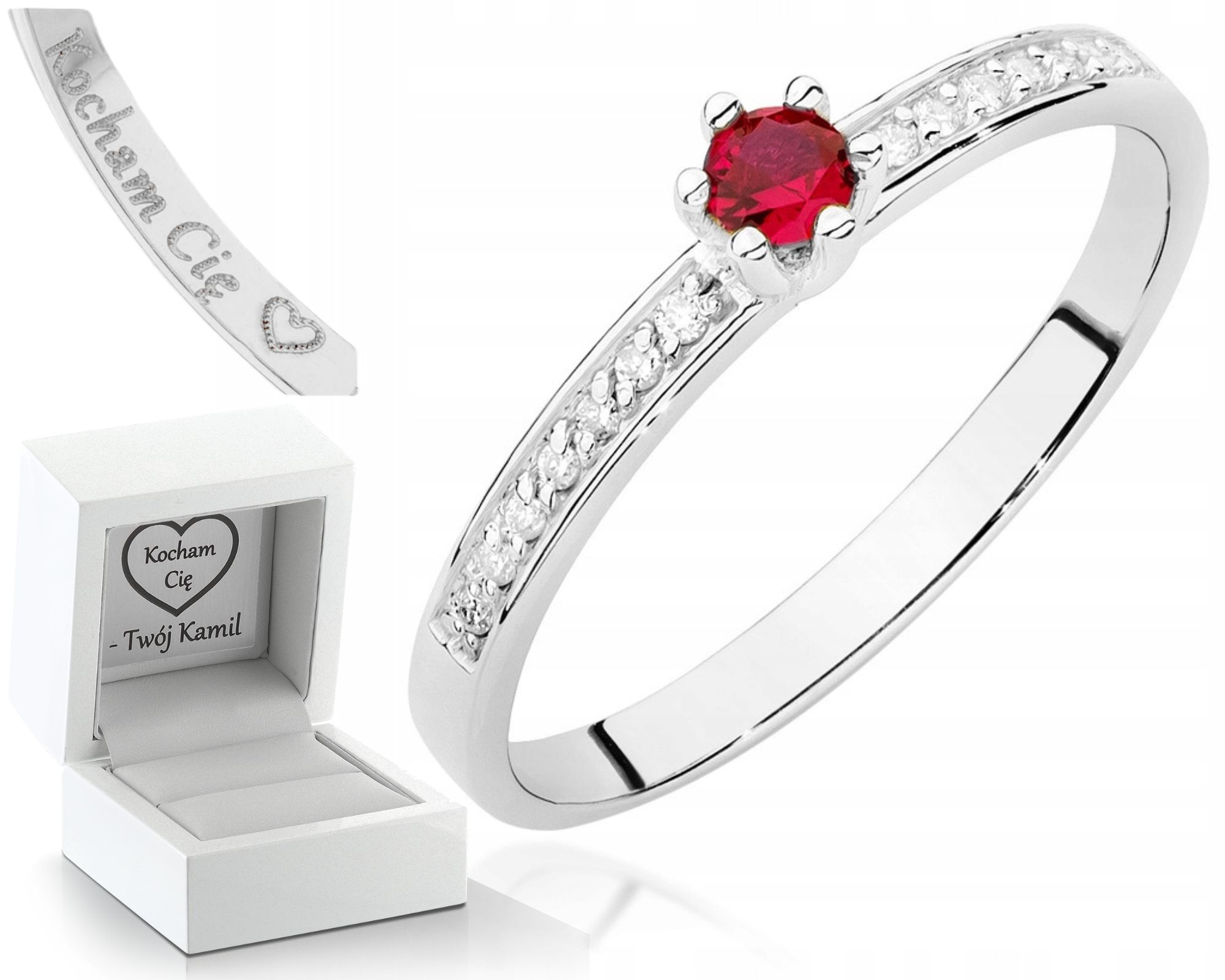 Bílé Zlato Prstýnek Rubín Brilianty Gravírování 585
