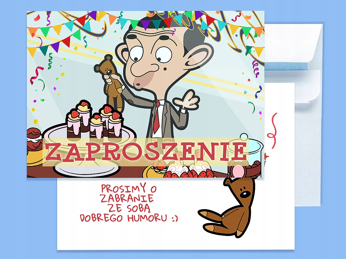 ZAPROSZENIE JAŚ FASOLA MR BEAN NA URODZINY DZIECKA + KOPERTA GRATIS JAKOŚĆ Typ znaczek