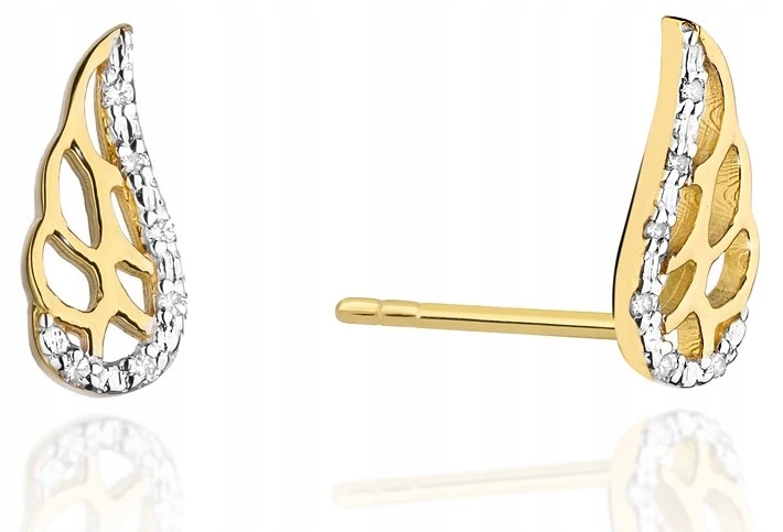 Złote Kolczyki 585 Z Brylantami 0,06ct Skrzydełka Na Sztyfcie