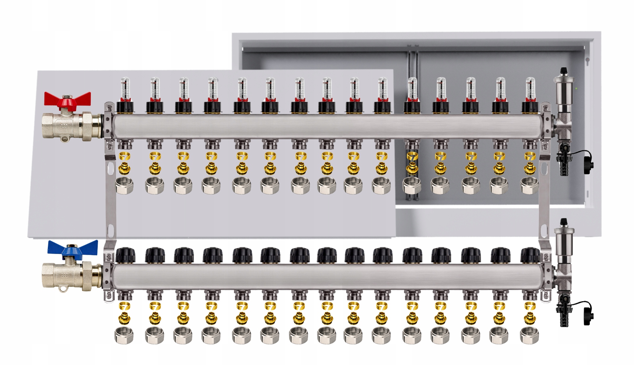 Nerezový rozdělovač pro podlahu 15 okruhů nástěnná skříňka Pex