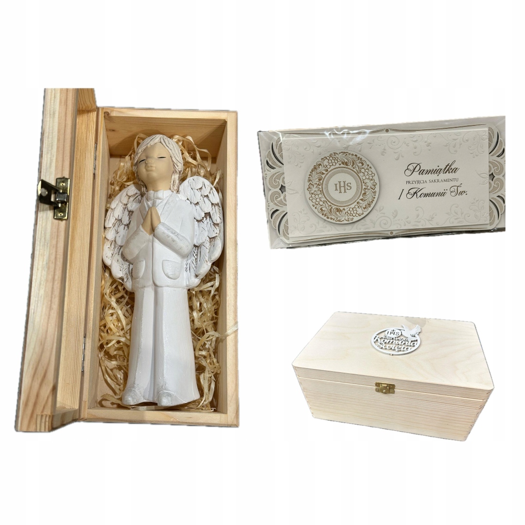ZESTAW PREZENTOWY I KOMUNIA ANIOŁEK W PUDEŁKU UPOMINEK CHŁOPIEC KARTKA