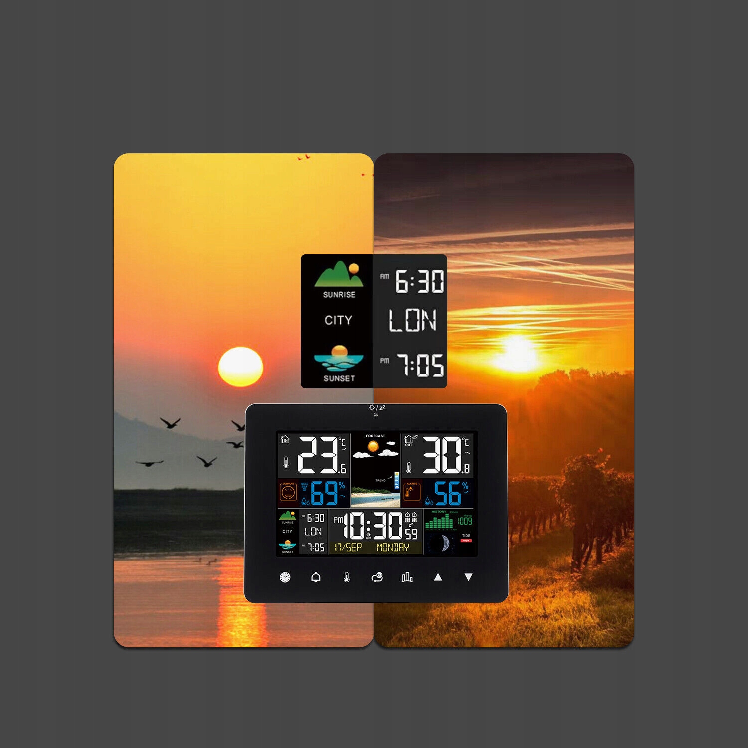NOWOCZESNA RADIOWA STACJA POGODOWA, PROGNOZA POGODY, ZESTAWIE ZEGAR RADIOW Cechy dodatkowe cyfrowy wyświetlacz termometr