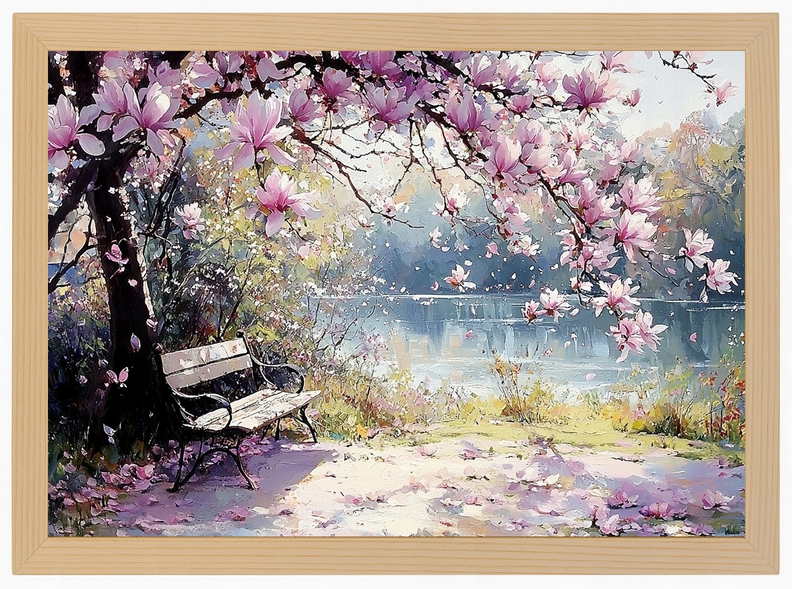 Plakát Rámeček Dřevo Krajina Park Řeka Dřevo Květiny Magnolie 80x60