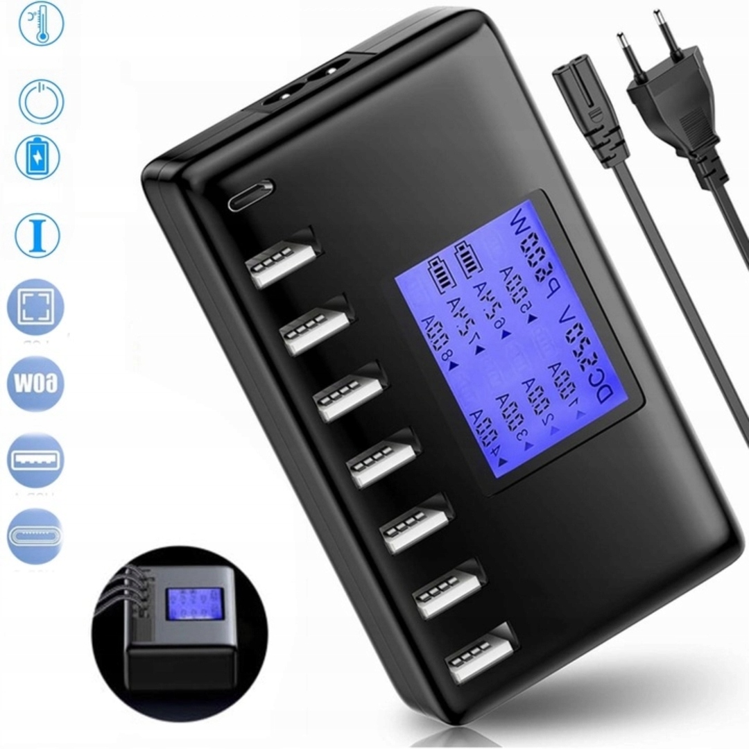Síťová Nabíječka 60W, Víceportová Inteligentní Nabíjecí Stanice S 8 Porty