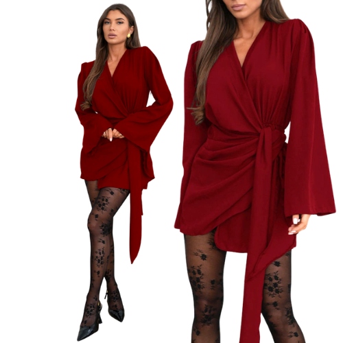 Przekładana Sukienka Mini Szerokie Rękawy Bordowa