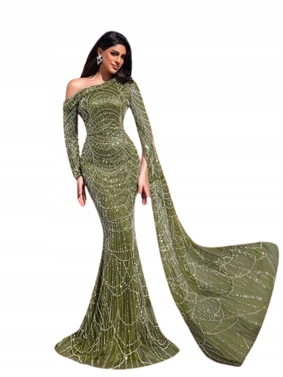 Shein Dlouhé Šaty S Flitry A Odhaleným Ramenem, Zelená, Velikost M 1JL