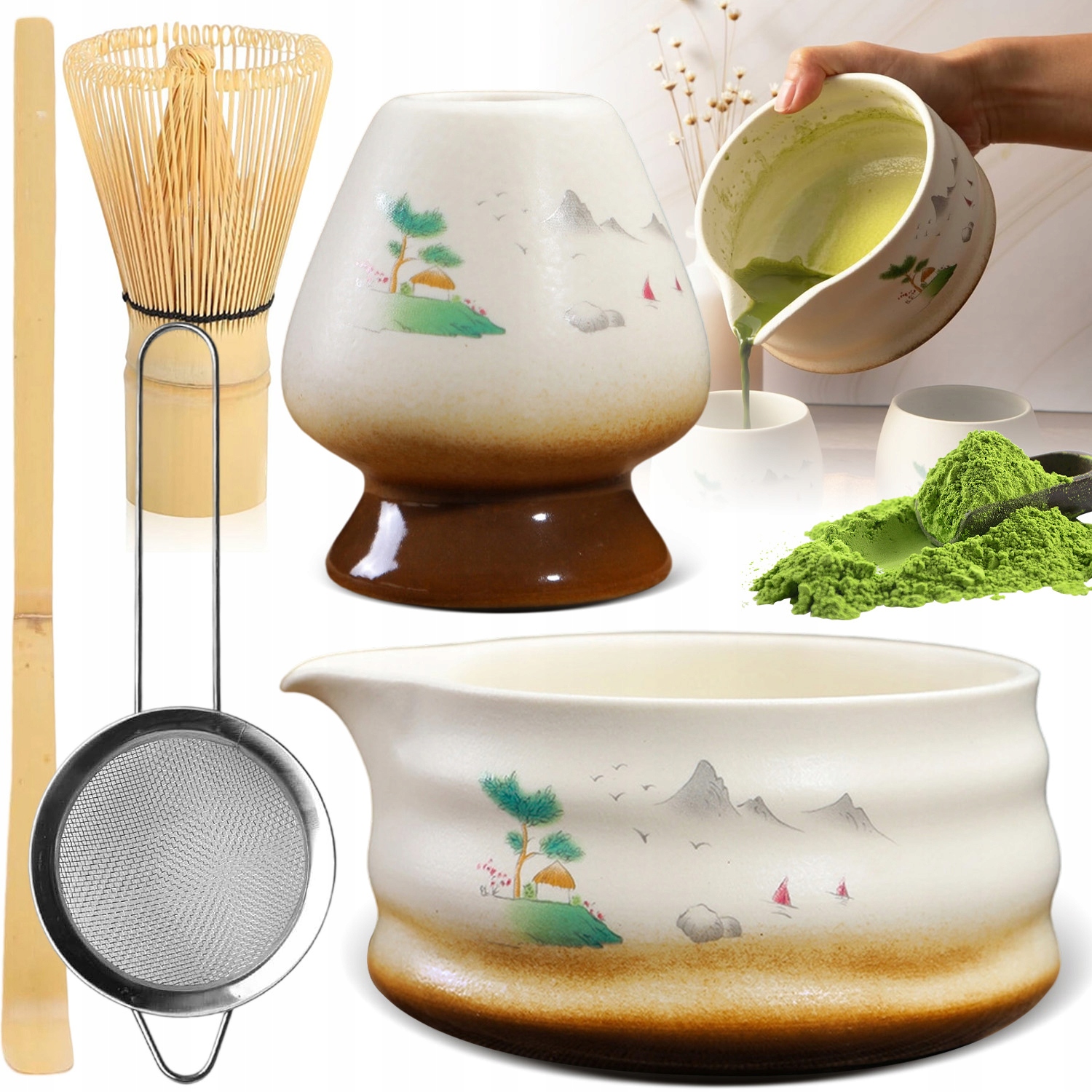 Levně Bambusová Sada Na Přípravu Matcha – Metlička, Lžička, Síto A Další – 5 V 1