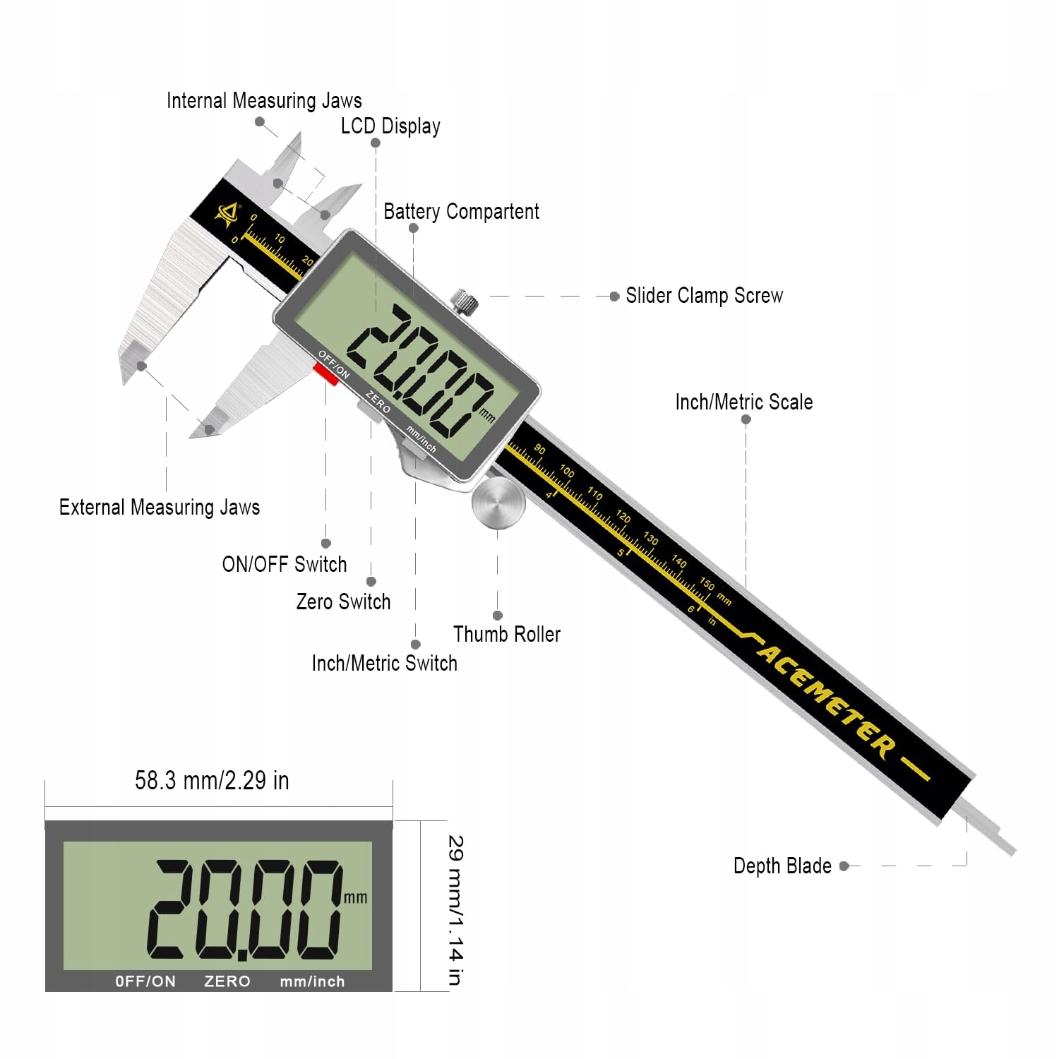 ACEMETER Cyfrowa Suwmiarka 0-6 Caliper LCD Metalowa Dla Inżyniera — miniatura 6