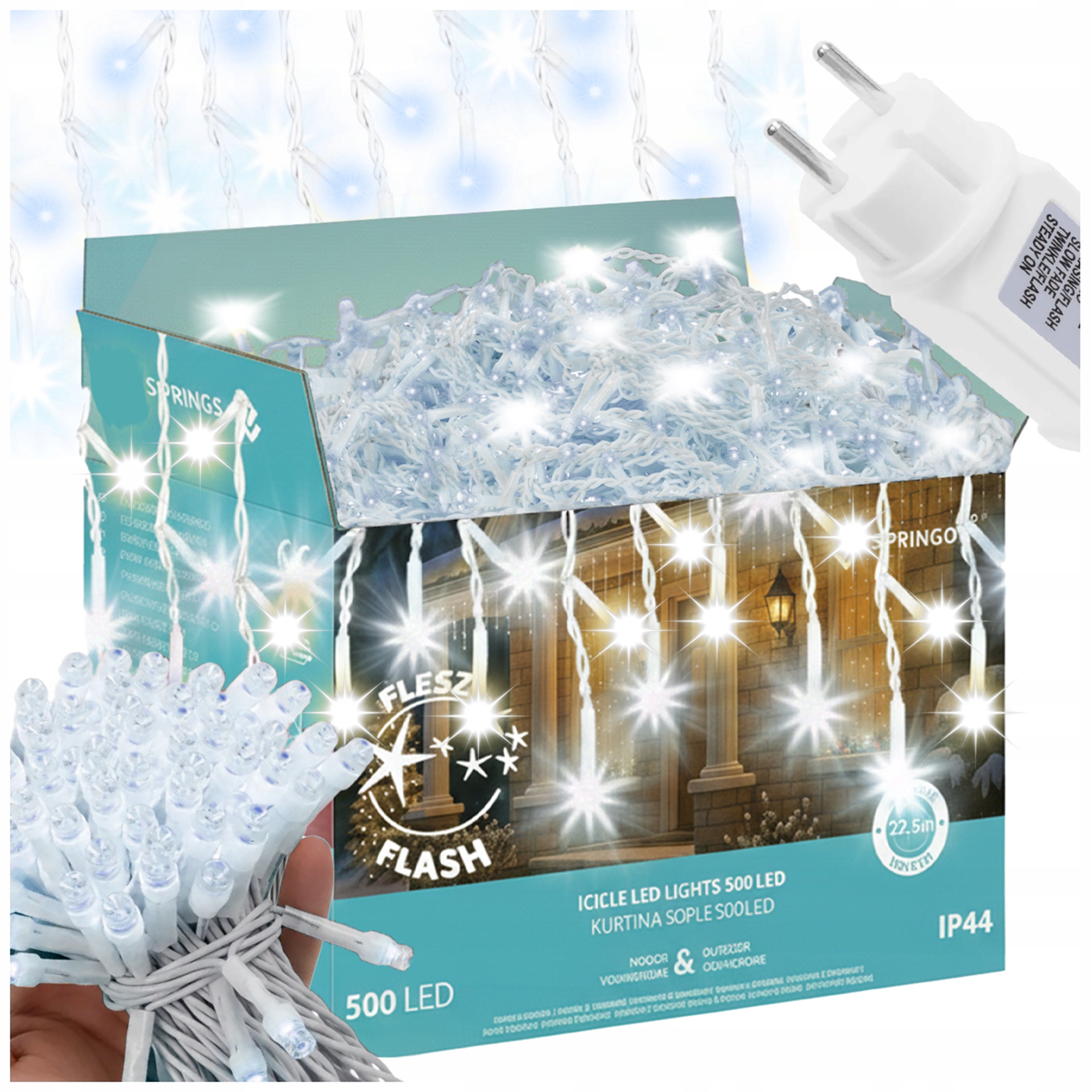 LAMPKI ZEWNĘTRZNE SOPLE 500 LED IP44 STAŁE + FLASH BIAŁE ZIMNE ŚWIĄTECZNE