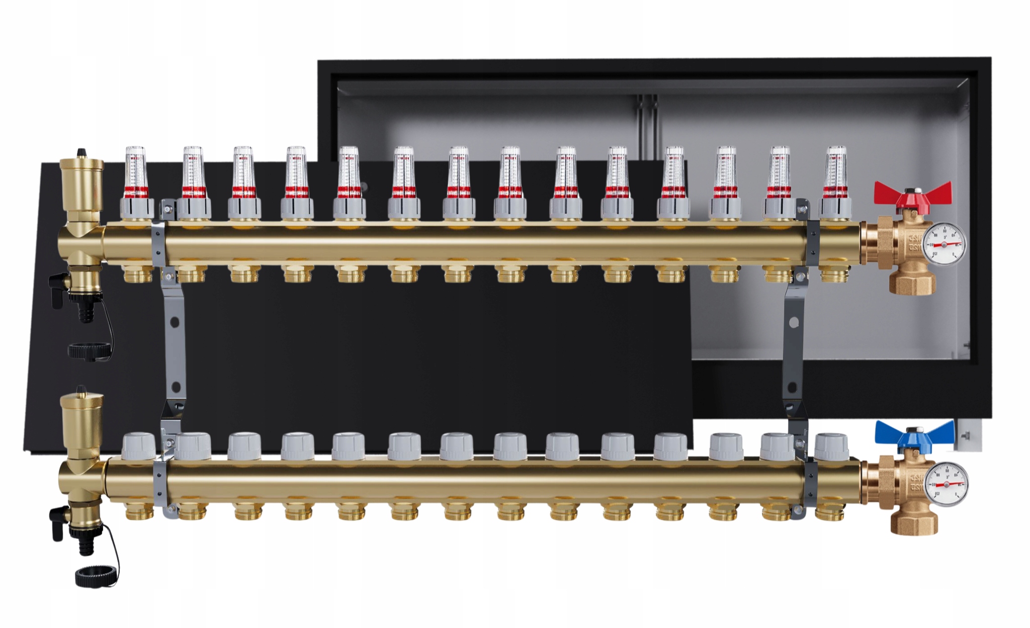 Rozdělovač Pro Podlahu 15 Okruhů S Podomítkovou Skříní, Černý Ventily
