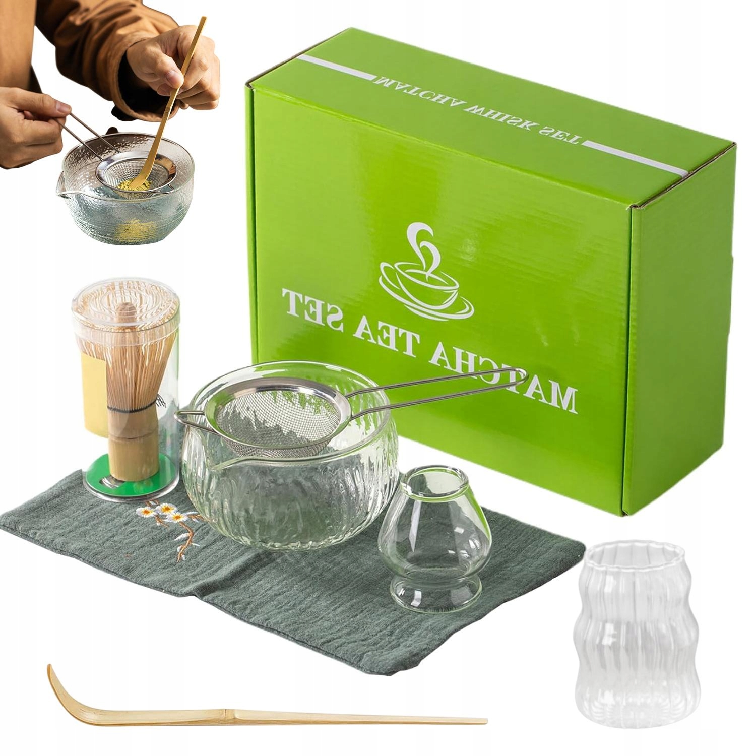 Levně Sada Na Vaření Matchy Skleněná Miska A Bambusový Hrnek Akcesoria 500 ML