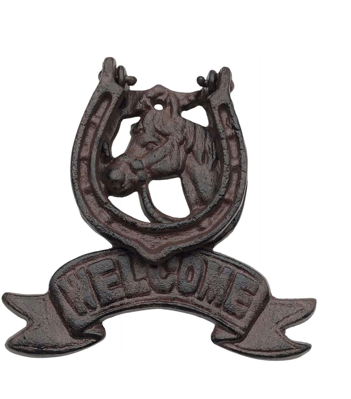 KOŁATKA RZEŹBA Z ŻELIWA Z KONIEM I PODKOWĄ,WELCOME