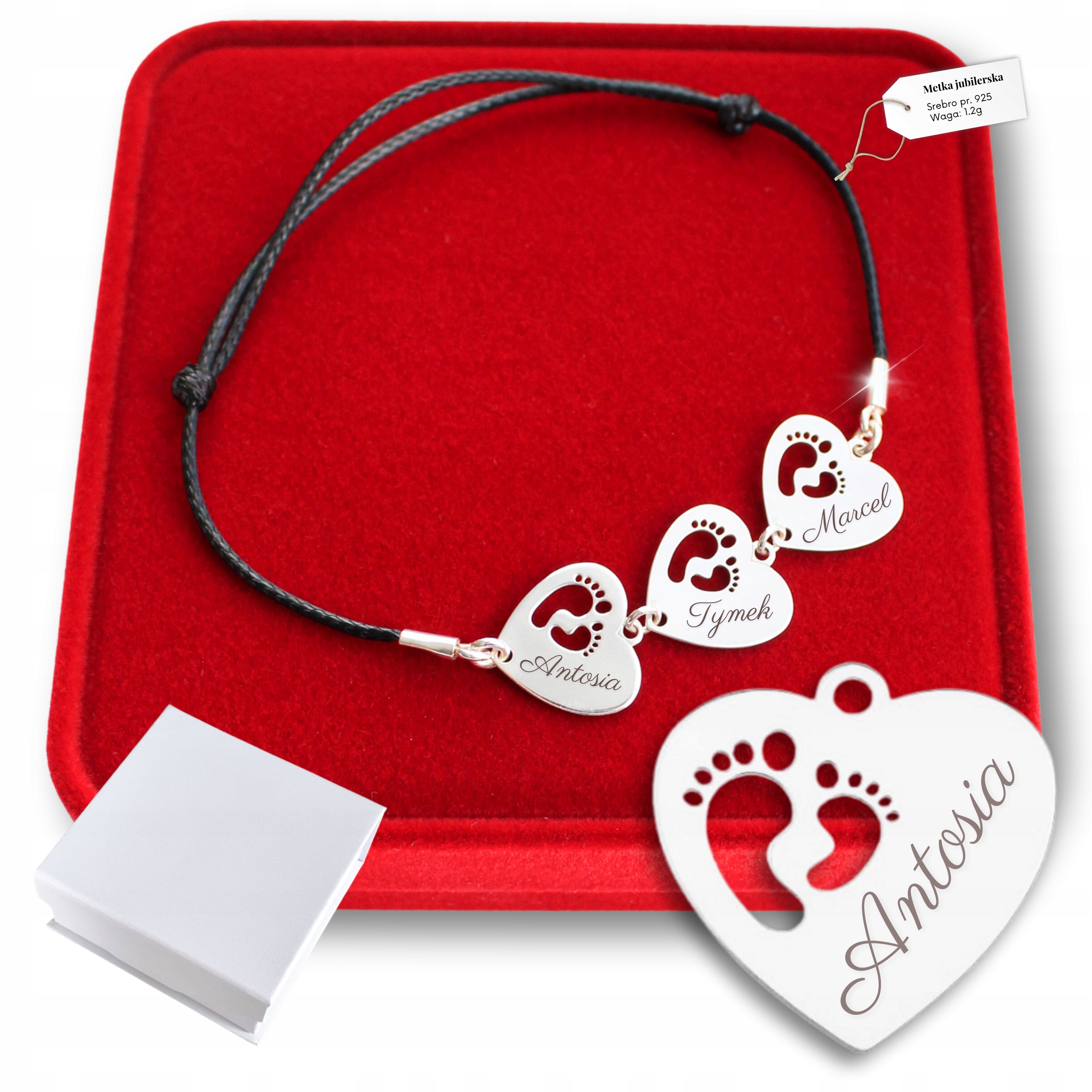 Stříbrný náramek 925 Gravírování Srdce Stopy Máma Tři Srdce jako Dárek