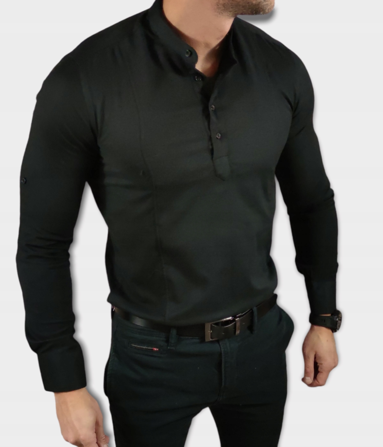 

Koszula slim fit ze stójką 3-guziczki czarna EGO02