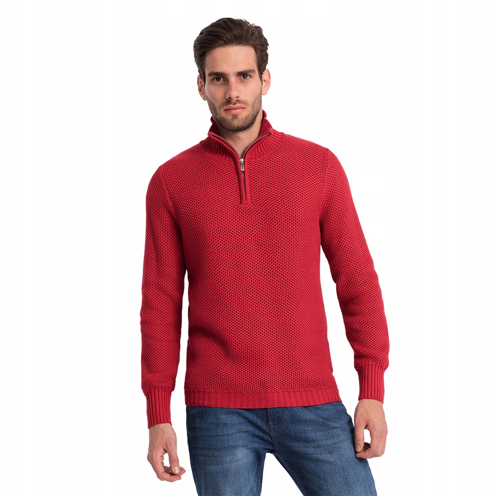 Pánsky pletený sveter s rozopínateľným stojačikom červený V8 OM-SWZS-0105 S