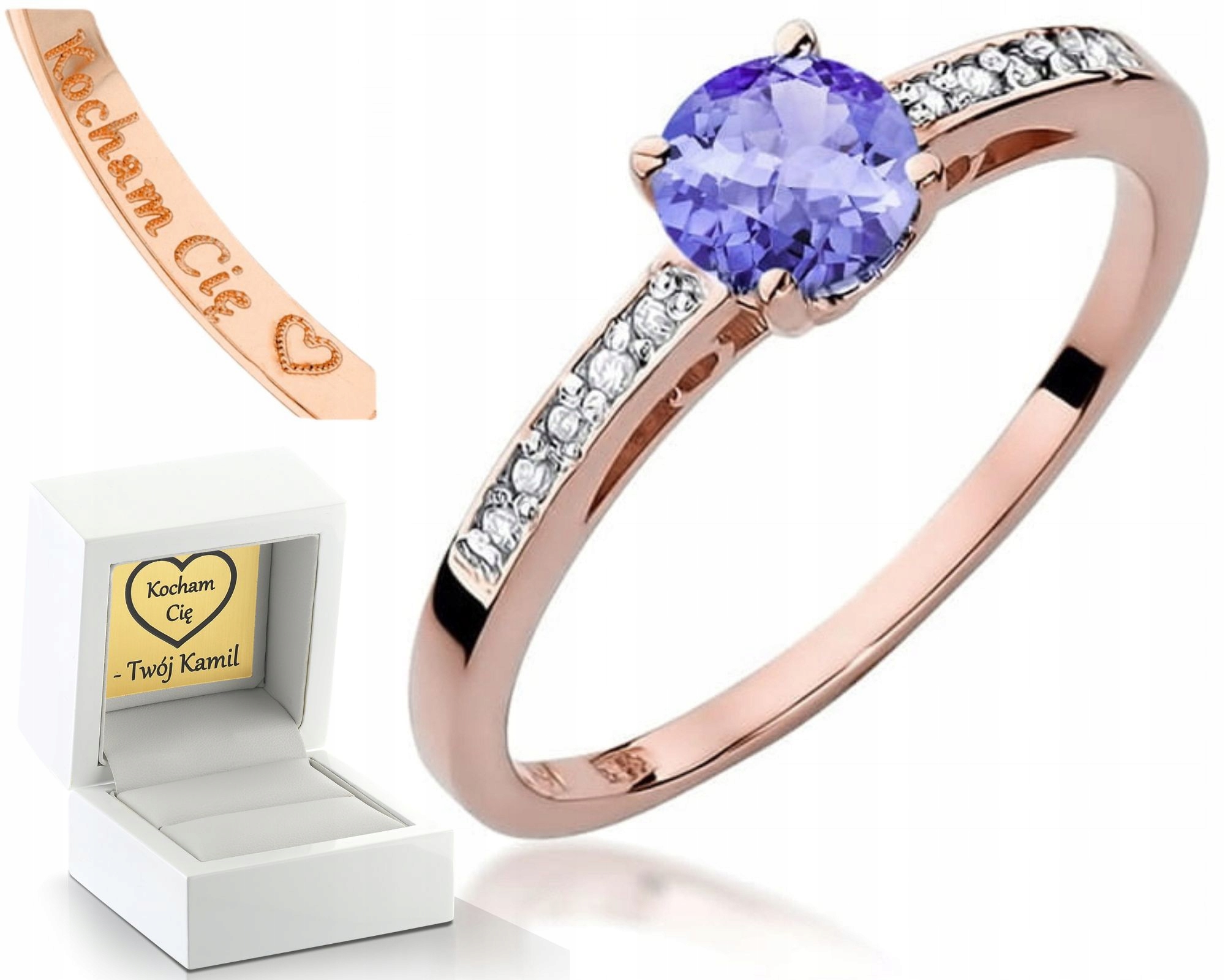 Zásnubní Prstýnek Z Růžového Zlata S Diamanty A Gravírování Tanzanitů 585, Dárek