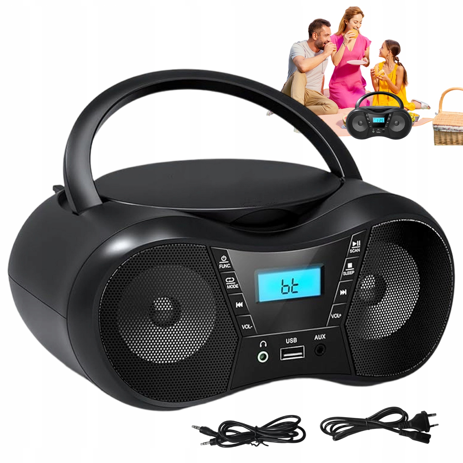 Přenosný CD Přehrávač Bluetooth 5.1 Fm Rádio Usb Aux 3W Černý