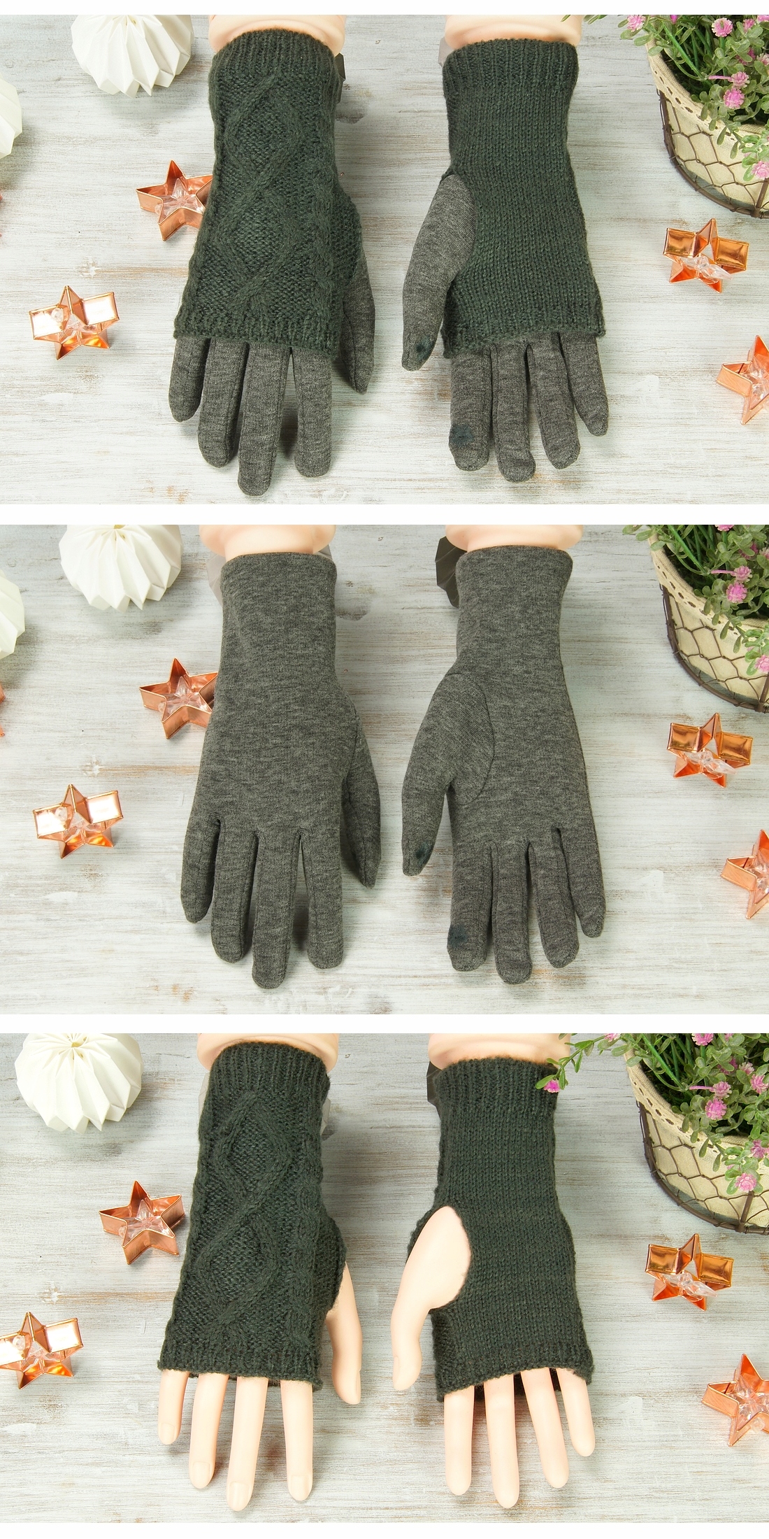 CIEPŁE RĘKAWICZKI DOTYKOWE damskie OCIEPLANE zimowe mitenki 3w1 - KOLORY Rodzaj pięciopalczaste