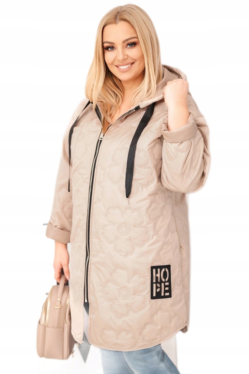 Dámská prošívaná bunda Plus Size s kapucí a nápisem Hope tmavě béžová