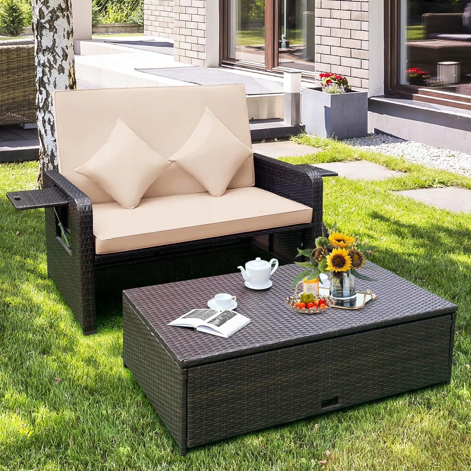 Costway Podwójne łóżko ogrodowe 3w1 Rattan sofa ogrodowa ze stolikiem