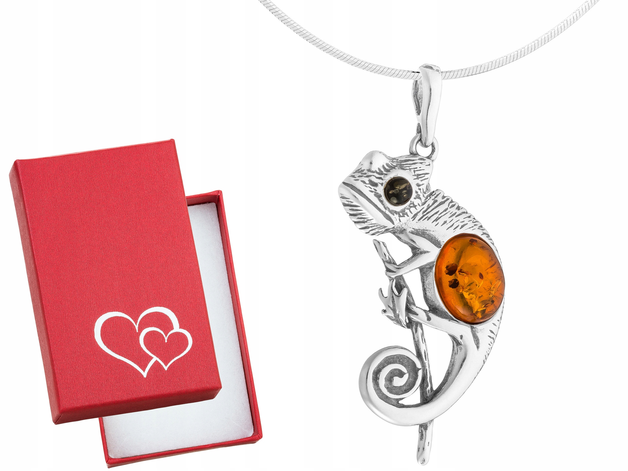 Velký stříbrný dámský náhrdelník Kameleon s jantarem a ještěrkou Choker 38 cm