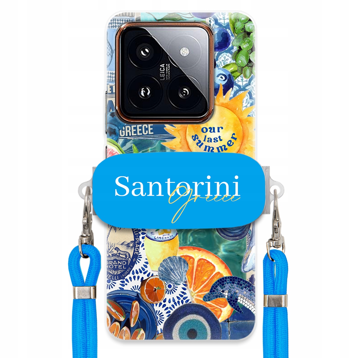 Puzdro pre Xiaomi 14 Pro Modré Crossbody vodítko držiak Santorini Greece