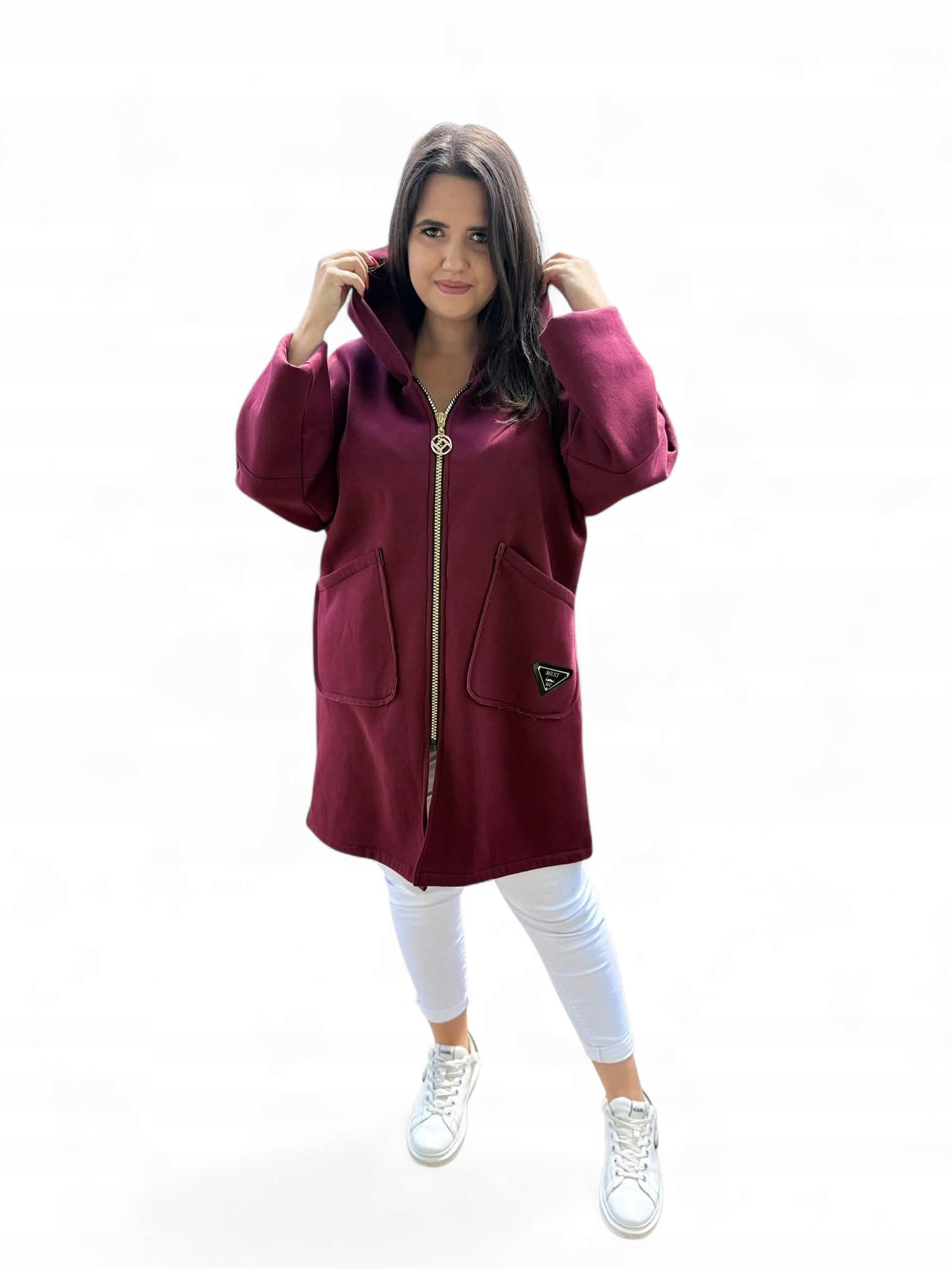 Dlouhá mikina s kapucí rozepínací, bordó, plus size, velikost 52/54/56