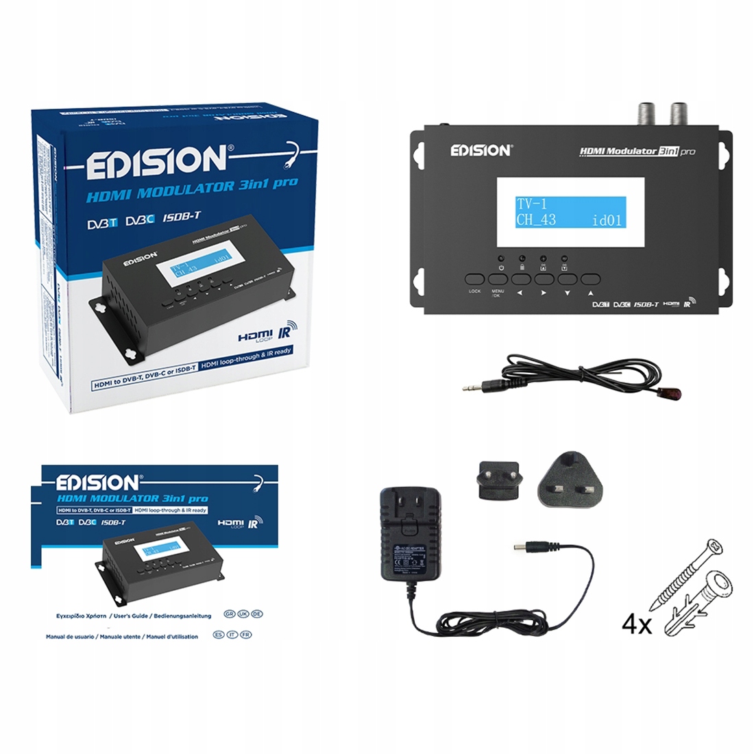 Modulator HDMI „3-W-1” Pro do DVB-T/DVB-C/ISDB-T z pętlą HDMI i nadajnikiem