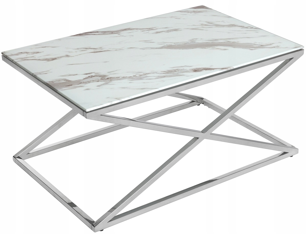 STOLIK KAWOWY SZKLANA ŁAWA SREBRNA CHROM MARMUR