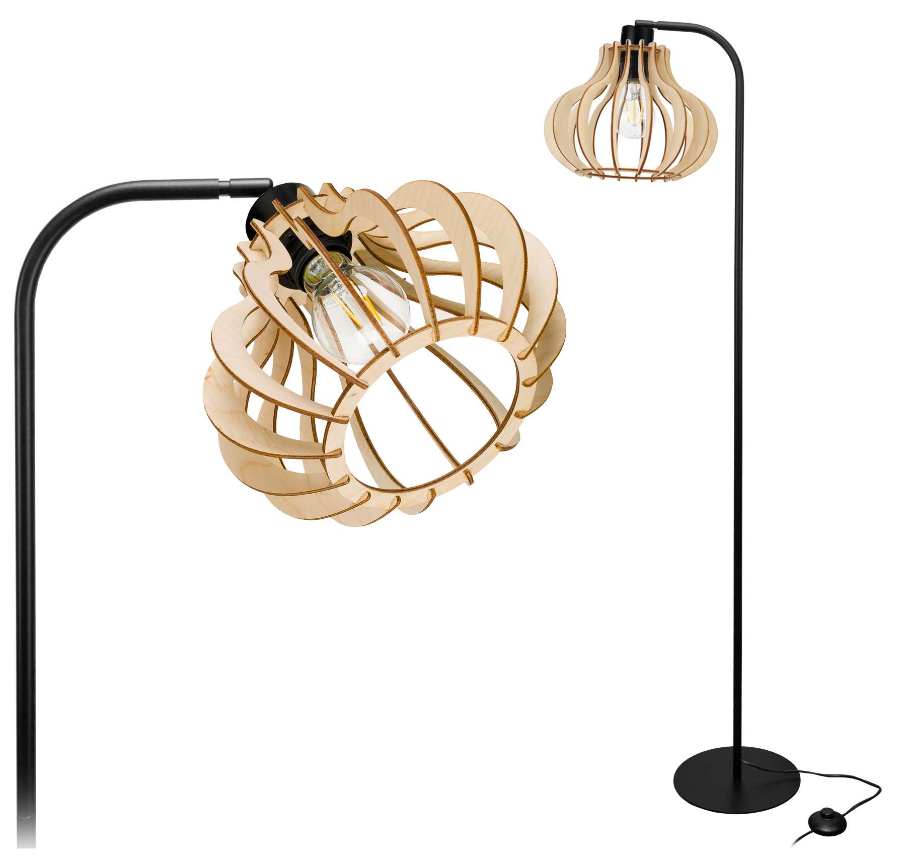 Podlahová Stojací Lampa Loft na 1 Led E27 nastavitelná Ohýbaná S Kloszem Dřevo