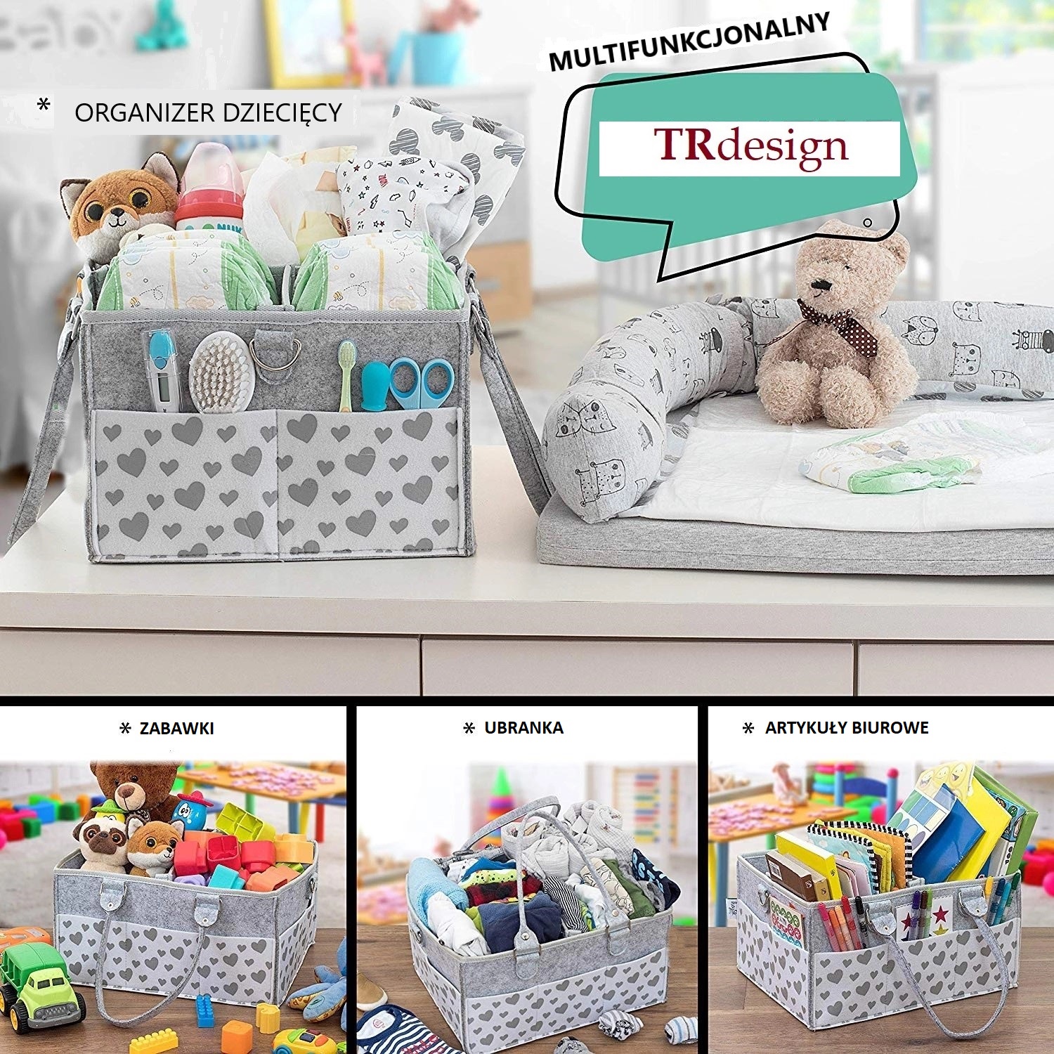 ORGANIZER NA PIELUSZKI KOSMETYKI ZABAWKI PODRÓŻNY Wysokość 18 cm