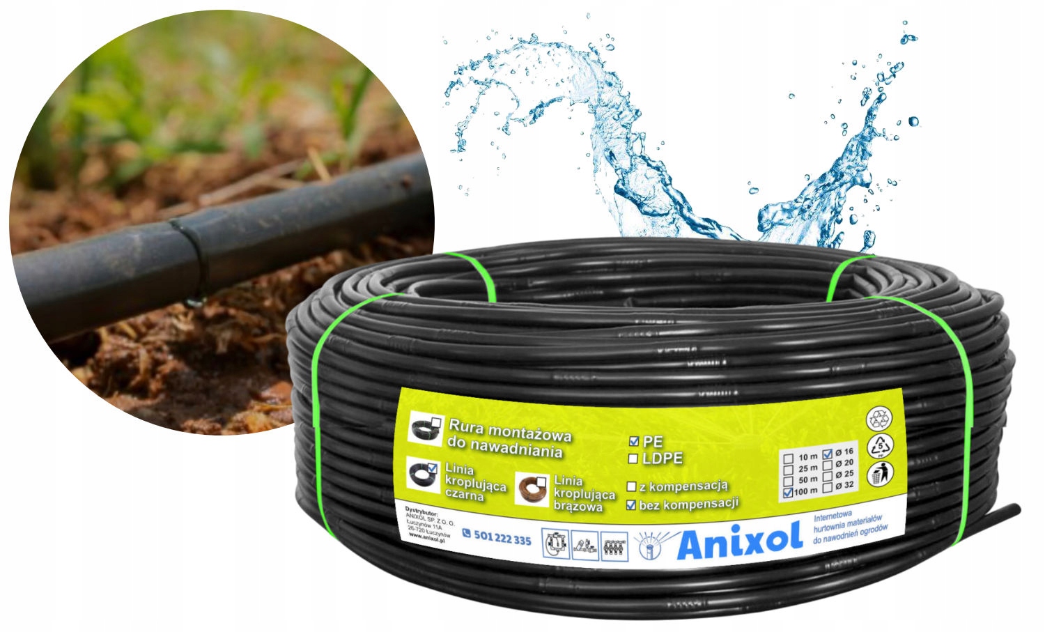 Anixol Linia kroplująca 16mm 100m kroplowniki 2l/h 33 cm Wzmocniona Datka