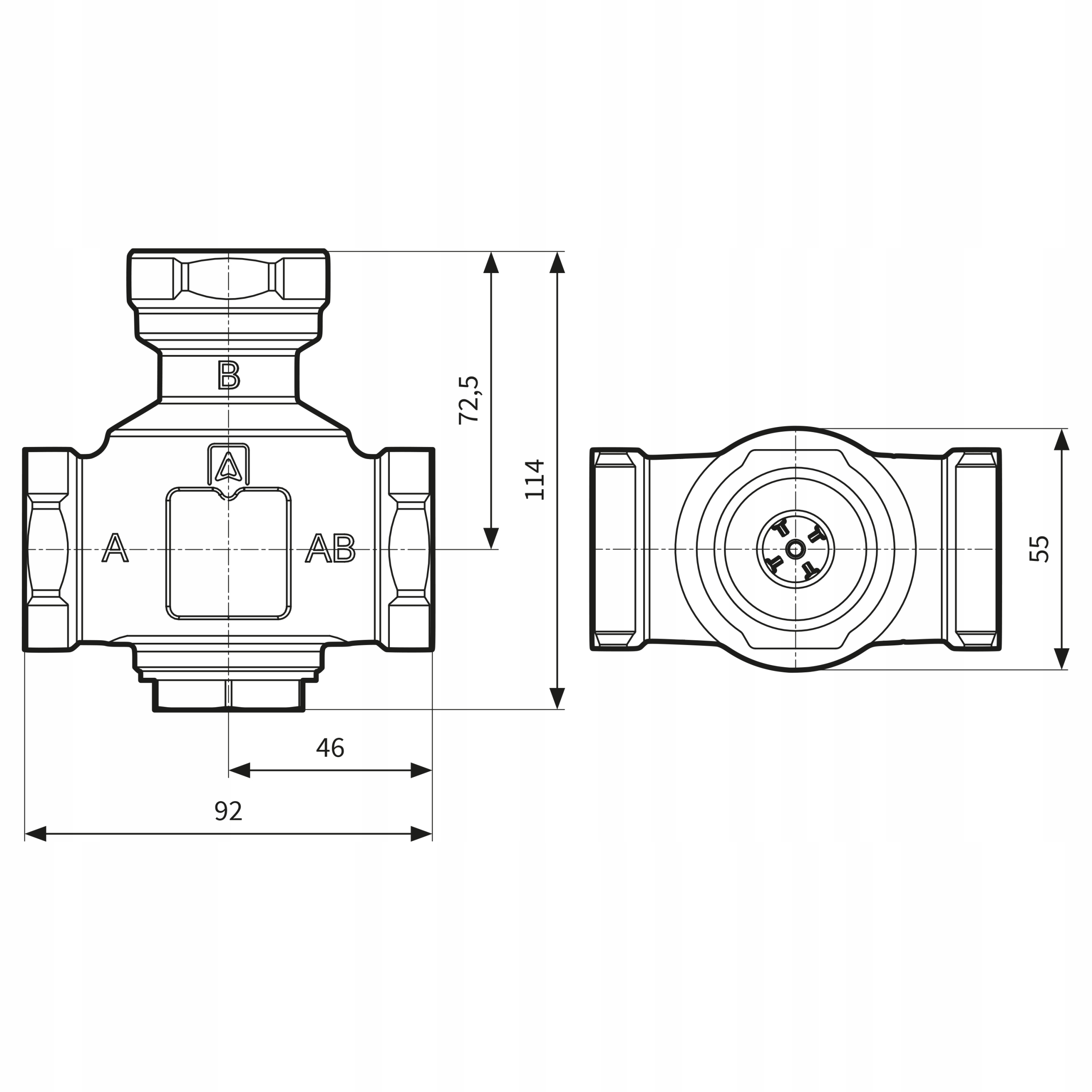 Wymiary zaworu temperaturowego ATV 334 AFRISO