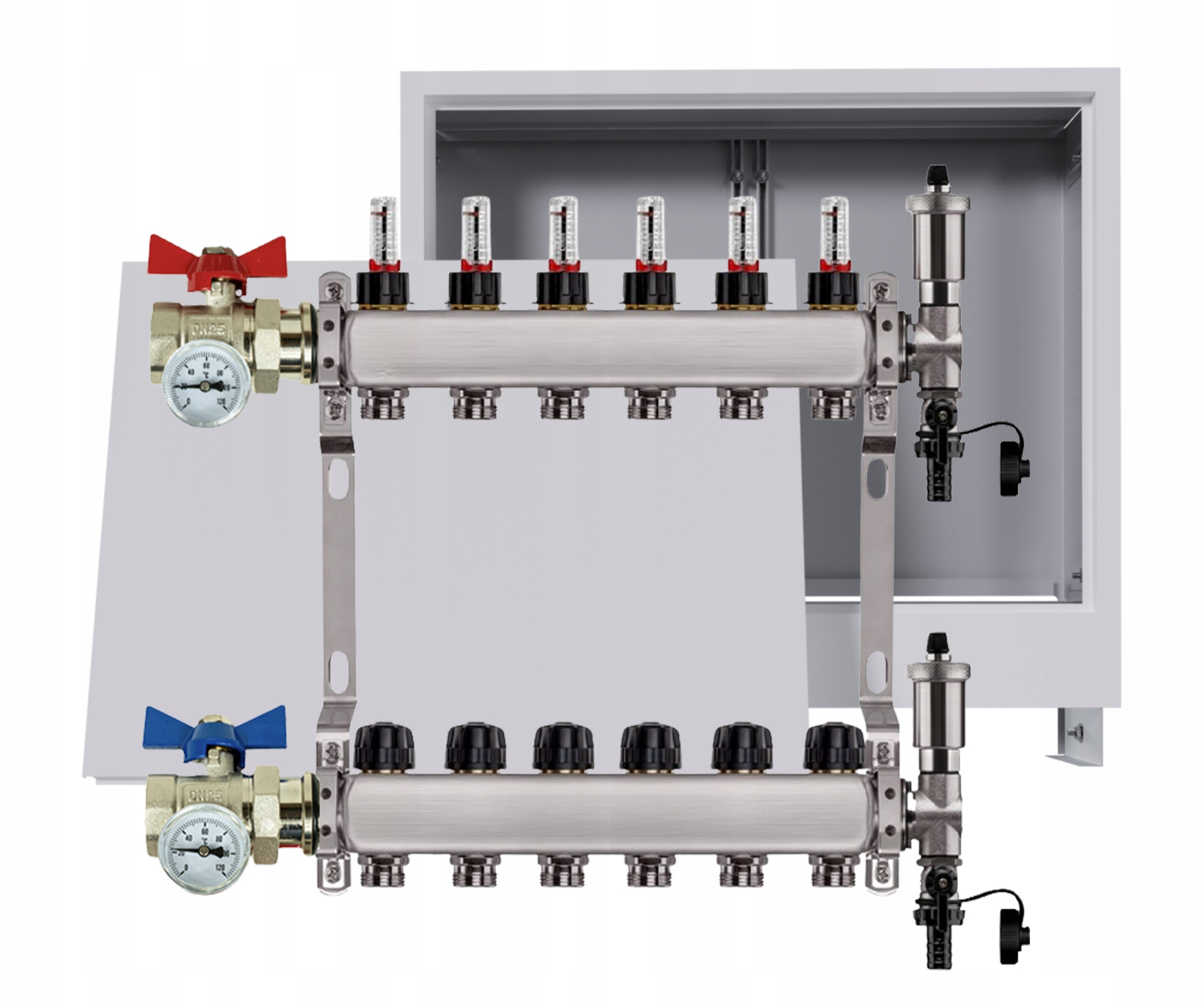 Nerezový rozdělovač podlah 6 okruhů podomítková skříň ventily