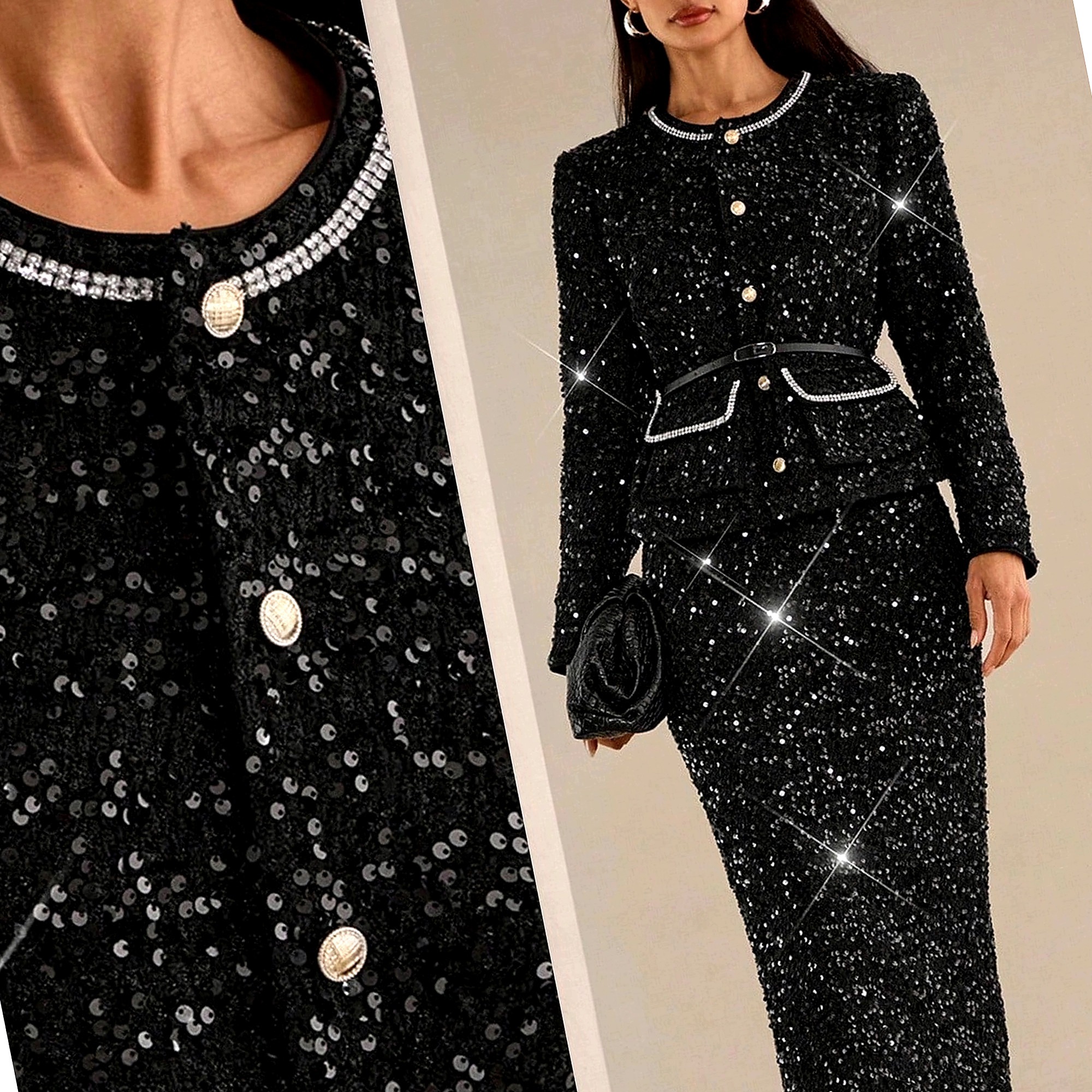Komplet žaketů Sukně Elegantní Klubový Lesklý Černý Dámský L