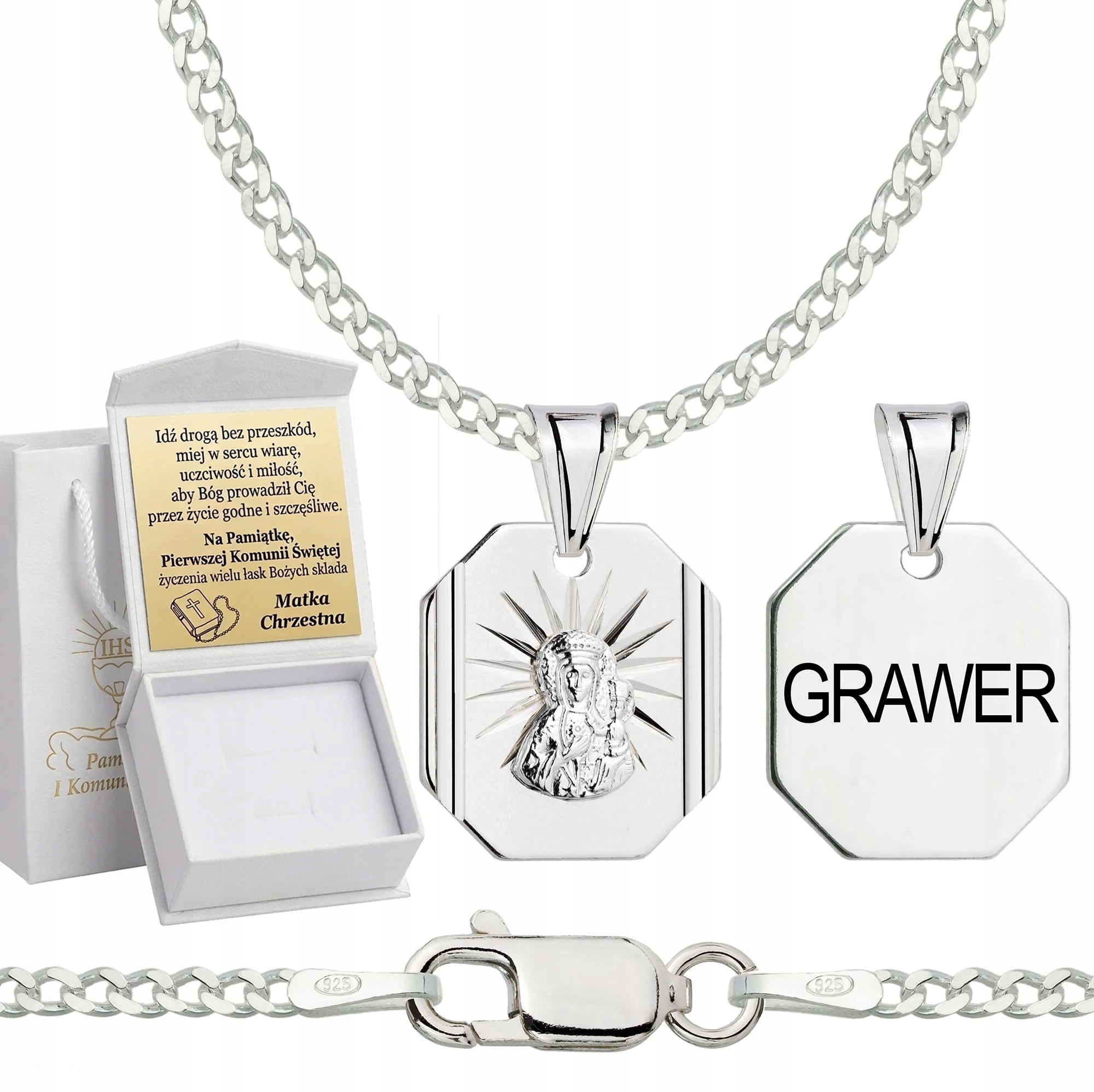 Řetízek k prvnímu svatému přijímání stříbrný s pancéřovým medailonem 2 mm Gravírování 925 45 cm
