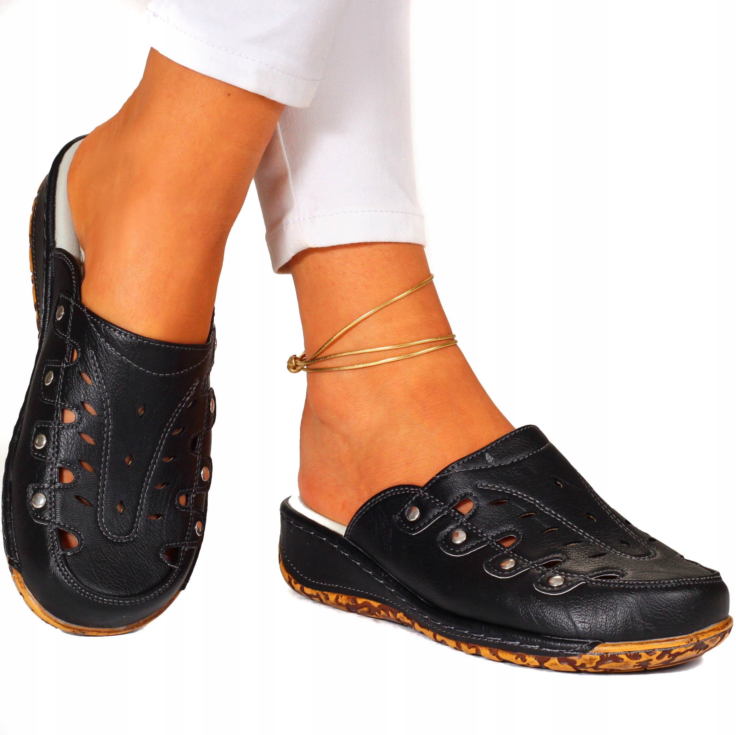 Klapki Damskie Ortopedyczne Lekkie Szyte Skóra