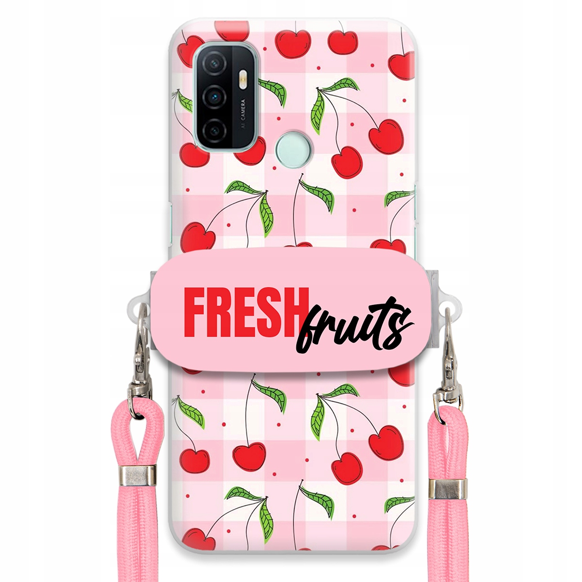 Puzdro pre Oppo A33 Case držiak šnúrok Ružový Fresh Fruits Mriežka Ovocie